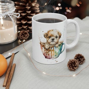 Adorable Puppy in Colorful Coffee Mug 11 oz, Cute Dog Lover Ceramic Cup, Perfect Gift for Pet Owners, Animal Enthusiast Beverage Holder