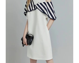 White design, wide truffle shoulder dress, women's commuting style, simple and niche skirt