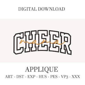 Puede incluir: Diseño de aplique digital con la palabra "CHEER" en una fuente de estilo universitario, y "mama" en una fuente cursiva superpuesta. El diseño es negro con relleno dorado. La palabra "APPLIQUE" está debajo.