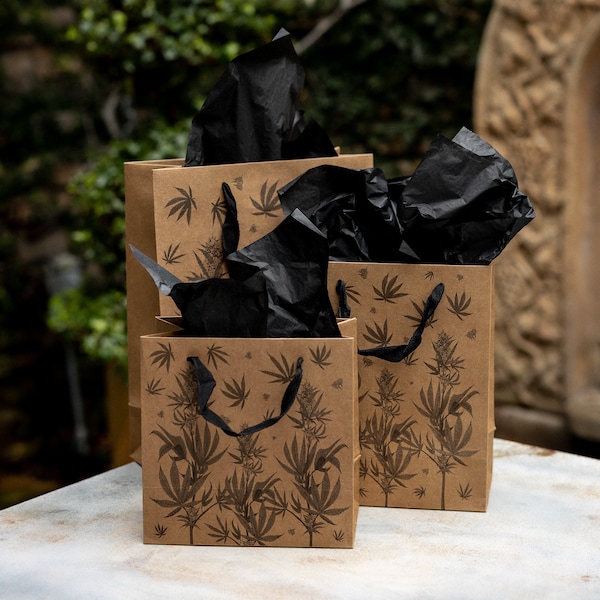 Cannabis Weed Botanical Gift Bag Set of 3 Size Bags with 5 Sheets of recycled Black Tissue Paper| Bohemian | Recyclable |Earth-Friendly|