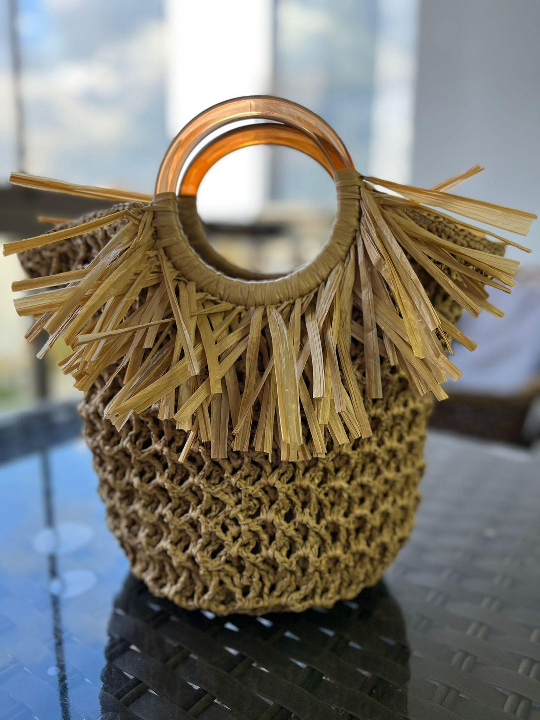 Made Rafia Handmade Raffia Tote Bag With Wooden Handles | Boho Fringe Straw Bag - Etsy