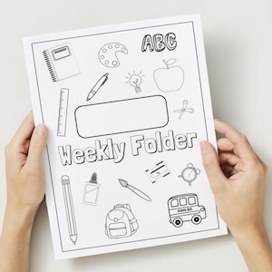 May include: A white paper weekly folder with black line drawings of school supplies, including a notebook, ruler, pencil, backpack, and school bus. The words "Weekly Folder" are printed on the front.