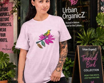 Floral Bird Print T-Shirt, Nature Lover Graphic Tee