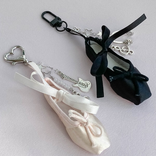 Kpop Pink Pointe Shoes Keychain with Acoustic Guitar and Headphone Charms - Perfect for Collecting Books, Keys, Bags, and Binders!