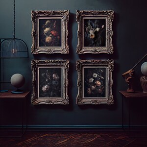 Set of 4 Vintage Dark Moody Flower Bohemian Prints, Cornelis de Heem Inspired PRINTABLE Instant Digital Download Downloadable Wall Art Print