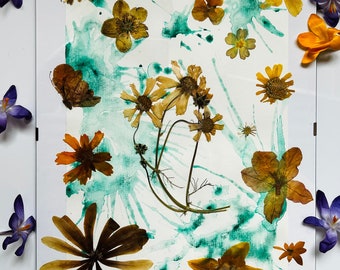 May include: A framed artwork featuring pressed, dried flowers in shades of yellow, brown, and orange, arranged on a white background with teal paint splatters. The frame is clear, and the artwork is surrounded by additional decorative flowers.