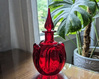 Red Genie Bottle Decanter & Flame Stopper Draped Handblown Ruby Art Glass Unique Handmade Collectible Boho Home Decor