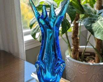 Spiky Glass Vase: UV Glow Peacock Blue Retro Atomic MCM Home Decor
