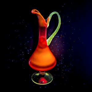 Vintage Glass Pitcher Vase: Orange UV Glow Applied Handle Ruby Red Retro Mid Century Modern Home Decor *DEFECT*