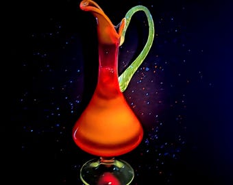 Vintage Glass Pitcher Vase: Orange UV Glow Applied Handle Ruby Red Retro Mid Century Modern Home Decor *DEFECT*