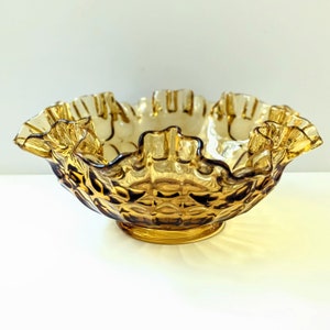 Fenton Thumbprint Bowl Ruffled Amber Glass Centerpiece Pedestal Footed Display Candy Dish Boho MCM Mid Century Gift Home Decor