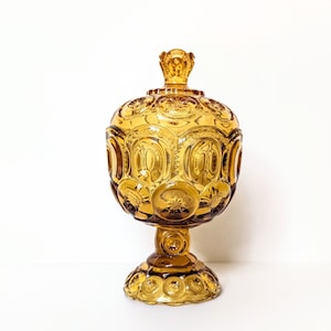 Amber Moon Stars Compote LE Smith Display Bowl Footed Pedestal Glass Mid Century Centerpiece Dish Covered Lidded Vintage Collectible