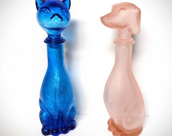 ULTRA RARE Empoli Frosted Pink Glass Dog & Cobalt Blue Cat Genie Bottle Pair Two Decanter Bottles Made in Italy 1970s Vintage Italian Decor