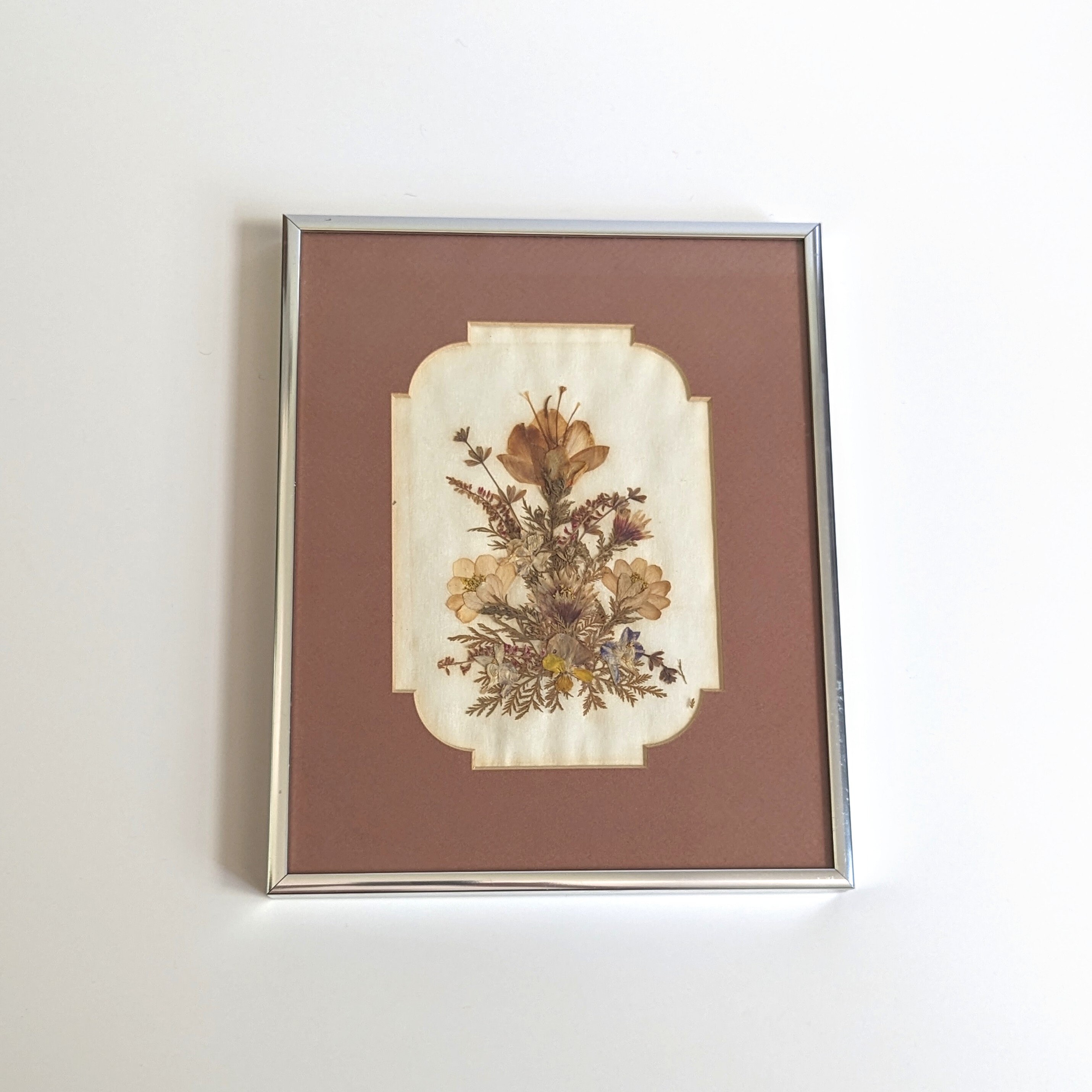 Beautiful Dried Pressed Flower Wall Art Golden Wood Frame Signed & Dated  1980