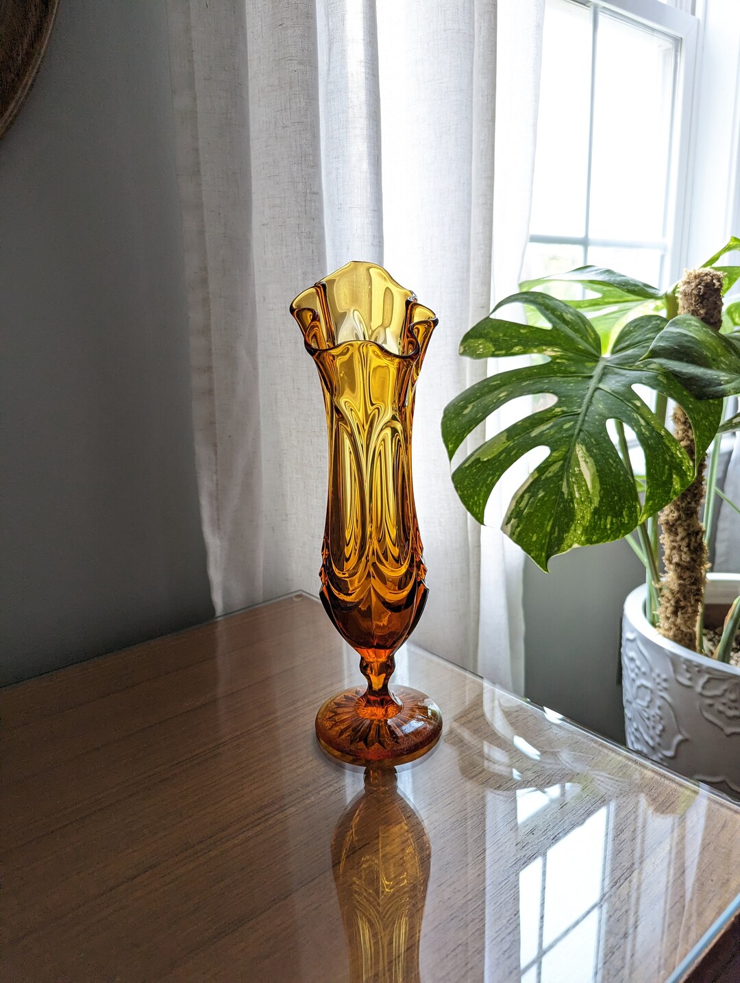 Amber Swung Vase Draped Body Vintage Footed Pedestal Ruffle Etsy