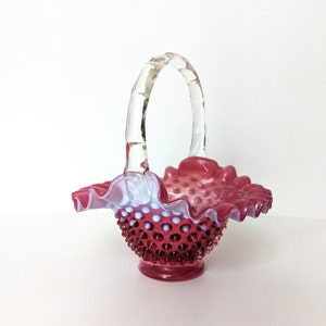 Fenton Cranberry Opalescent Glass Hobnail Ruffle Basket Bowl Vintage Pink Boho MCM Mid Century Modern Collector&#39;s Item