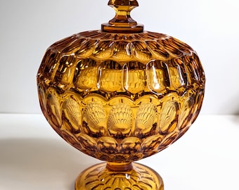 Fenton Glass Royal Wedding Bowl Colonial Amber Thumbprint Pattern Large Centerpiece Golden Covered Pedestal Dish Vintage 1960s
