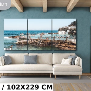May include: A three-panel canvas print of a beach scene with a pool and people swimming. The print is 40x90 inches and is hanging on a wall in a living room. The text "Livingroom size chart" is at the top of the image.