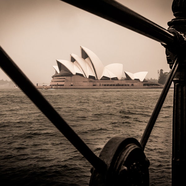 Sydney Harbour, Sydney Opera House bushfire sky photography black and white - Large Print/Canvas