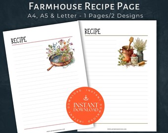 Vintage Farmhouse Printable Recipe Page, INSTANT DOWNLOAD, Decorated Recipes PDF, Vintage Recipe Page Printable, Cookbook Recipe Sheet