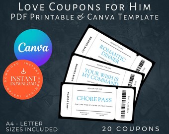 Printable Love Coupons For Him, INSTANT DOWNLOAD, Love Coupons for Him Printable, Editable Love Coupons, Fun Love Gifts, Canva Love Coupons