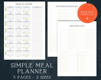 Weekly Meal Planner, INSTANT DOWNLOAD, Food Prep Planner, Food Journal, Grocery List, Shopping List, Kitchen Inventory, Food Printable, PDF