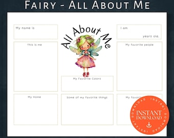 All About Me Fairy Printable Preschool, PDF DOWNLOAD, All About Me Worksheet, First Day of School About Me, Kids Activity Printable