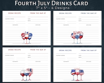 Fourth of July Drinks Card Printable, PDF DOWNLOAD, Printable Recipe Cards, Recipe Cards 7x5 printable, Cocktail Recipe, Independence Day