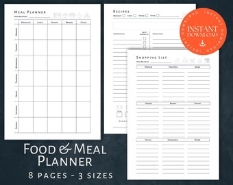 Food and Meal Planner, INSTANT DOWNLOAD, Shopping List, Packed Lunch Planner, Recipe Card, Food Inventory Printable, Meal Planner Printable