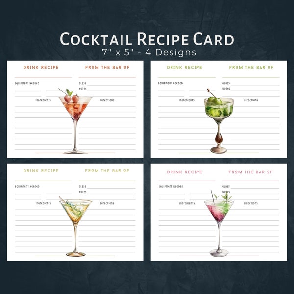 Cocktail Recipe Cards, INSTANT DOWNLOAD, Printable Cocktail Recipe Cards, Bar Recipe Cards, DIY Cocktail Cards, Bar Drink Recipe, Cocktails