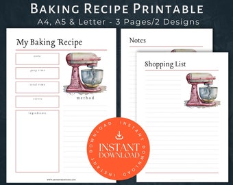 Baking Printable Recipe Page, INSTANT DOWNLOAD, Recipe Planner Printable, Vintage Shopping List, Cake Recipe Bundle , Recipe Pages Pdf