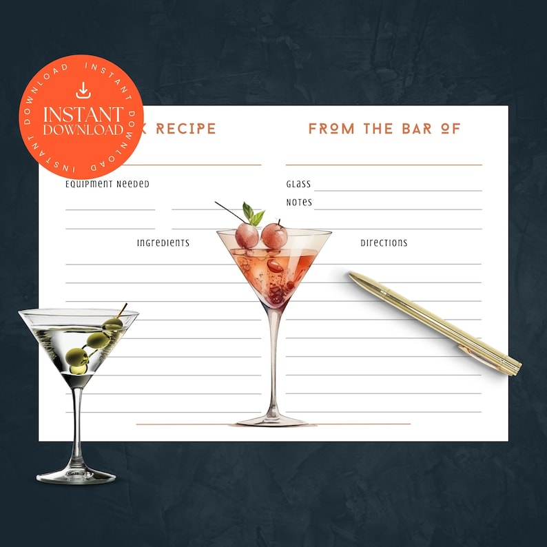Cocktail Recipe Cards INSTANT DOWNLOAD Printable Cocktail - Etsy