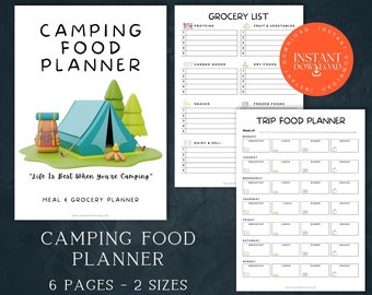 Camping Food Planner, INSTANT DOWNLOAD, Vacation Meal Planner, Camp Food Organiser, Holiday Grocery List, Recipe Card, Campfire Cooking, PDF