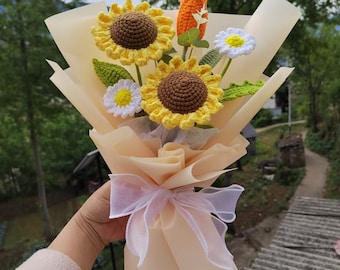 Girasol de ganchillo/Flor de ganchillo/Flores de punto hechas a mano/Ramo de flores de ganchillo/Regalo de graduación/Regalo de amigos/Regalo de cumpleaños｜Regalo para ella