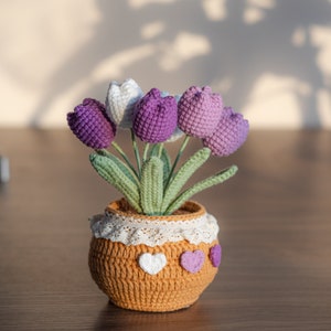 Crochet Flower in the Pot, Home Decor, Crochet Flower Decoration, Crochet Flower Decor, Tulip. Sunflower. Daisy Pot, Mother's Day Gifts Purple Tulips