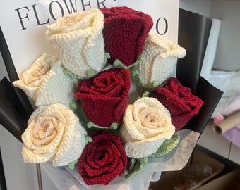Ramo de rosas de crochet hecho a mano, regalo de flores de punto