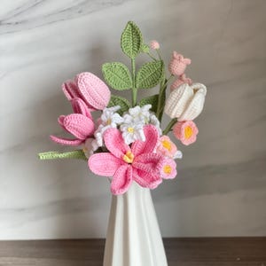 Crochet Flowers, Crochet Tulips Rose, Crochet Flower Bouquet, Knitted Flowers, Gift for Girlfriend, Mom, Birthday,Crochet Pink Purple Tulips Style C