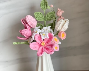 Crochet Flowers, Crochet Tulips Rose, Crochet Flower Bouquet, Knitted Flowers, Gift for Girlfriend, Mom, Birthday,Crochet Pink Purple Tulips