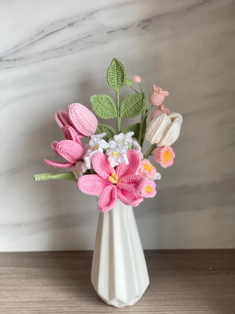 Crochet Flowers, Crochet Tulips Rose, Crochet Flower Bouquet, Knitted Flowers, Gift for Girlfriend, Mom, Birthday,Crochet Pink Purple Tulips Style C