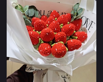 Strawberry Crochet Flower|Crochet Flower Bouquet|Handmade Knitted StrawberryFlowers|Gift For Her|Birthday Flower|Wedding Gift Flowers