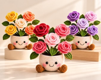 Crochet Rose Flower Pot, Handmade Crochet Flowers, Cute Smiling Plant, Birthday Gift for Her, Mother's Day Gift, Desk Decor