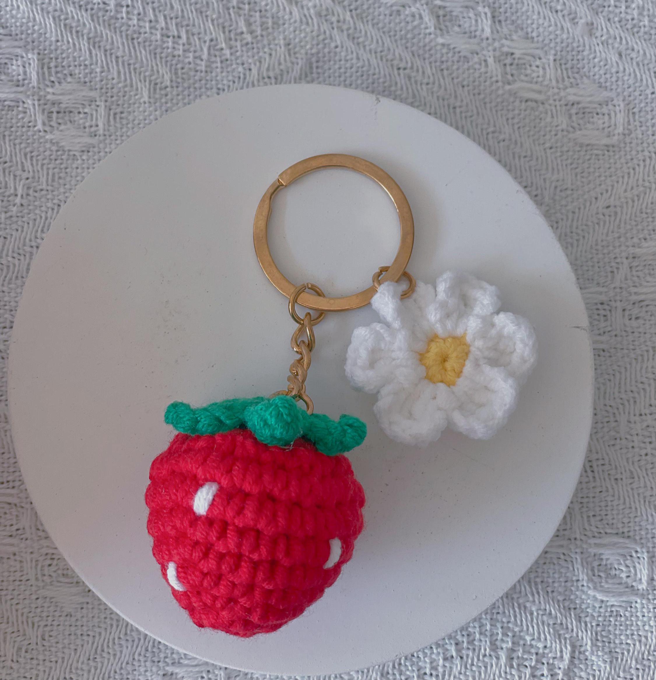 Crochet Strawberry Key Chain, Crochet Cherry Flower Key Ring, Handmade ...