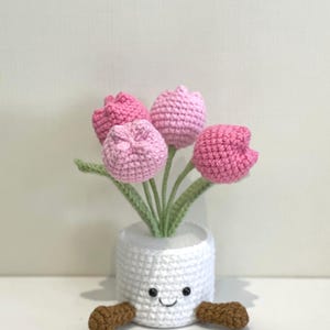 May include: A crocheted flower pot with a smiling face and brown feet, holding pink and light pink crocheted tulips with green stems and leaves. The white pot has a textured appearance.