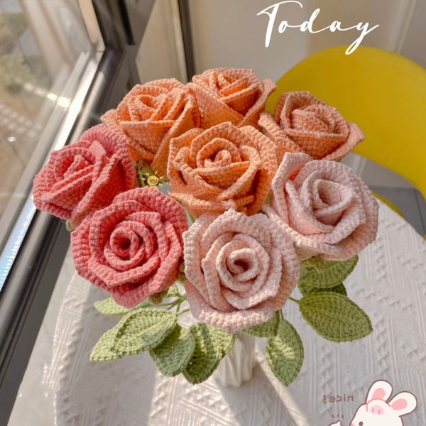 Rose au crochet fini｜Fleur au crochet|Fleurs tricotées à la main|Bouquet de fleurs au crochet|Cadeau de la fête des mères|Décor à la maison|Cadeau pour elle|Idée de crochet