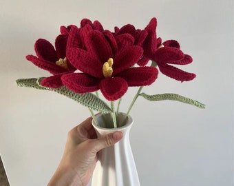 Handmade Crochet Tulip Bouquet, Red Yarn Flowers, Everlasting Gift