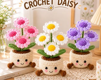 Crochet Daisy Flower Pot, White, Pink, Purple, or Blue, Cute Gift for Her, Girlfriend, Friend, Crochet daisy, Crochet Flower Bouquet
