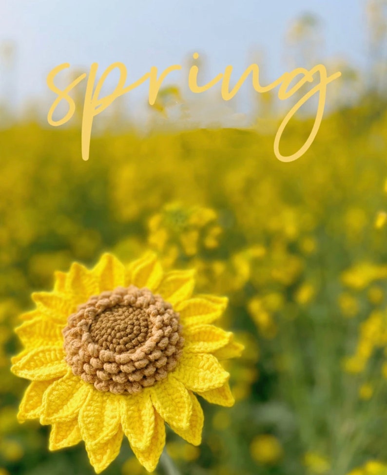 May include: A crocheted sunflower with yellow petals and a brown center, set against a blurred background of yellow flowers and the word "spring" in yellow text.