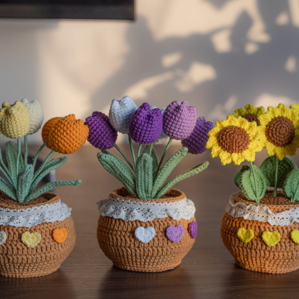 Gehaakte bloem in de pot, woondecoratie, gehaakte bloemdecoratie, gehaakte bloemdecor, tulp. Zonnebloem. Daisy Pot, Moederdagcadeaus