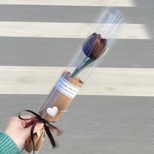 K&ouml;nnte beinhalten: Eine einzelne, dunkelbraune geh&auml;kelte Tulpenblume in einer transparenten Plastikh&uuml;lle, gebunden mit einem braunen Band. Der Stiel ist gr&uuml;n. Ein wei&szlig;es Etikett mit Text und ein wei&szlig;er Herzaufkleber sind sichtbar.