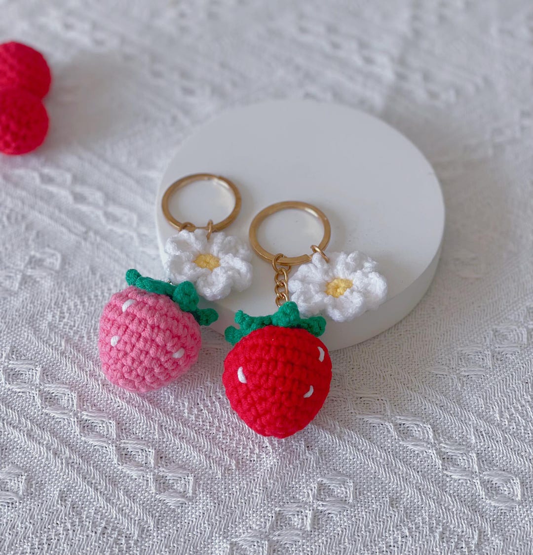 Crochet Strawberry Key Chain, Crochet Cherry Flower Key Ring, Handmade ...